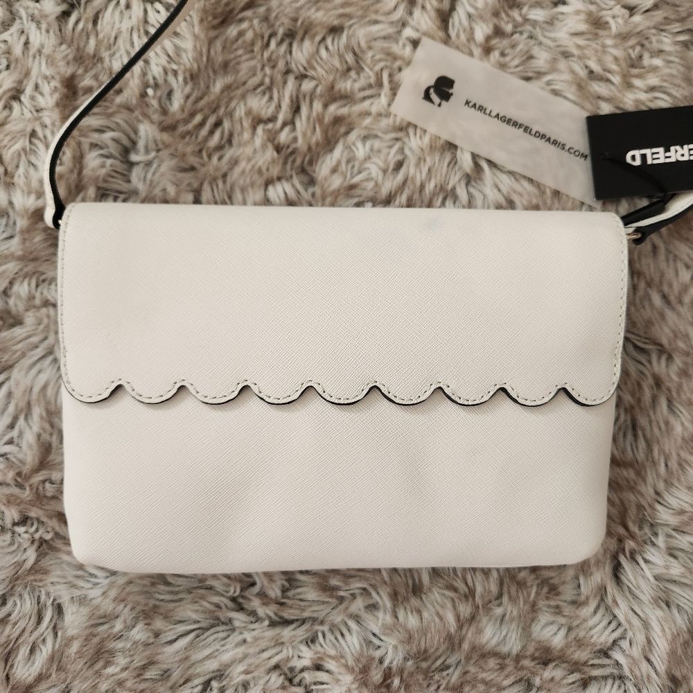 Karl Lagerfeld Paris Elsa Scalloped Flap Pearl Detail Crossbody Bag in Ivory - Picture 6 of 12